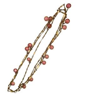 Vintage necklace pink faceted circle beads antique gold tone link chain 25 in